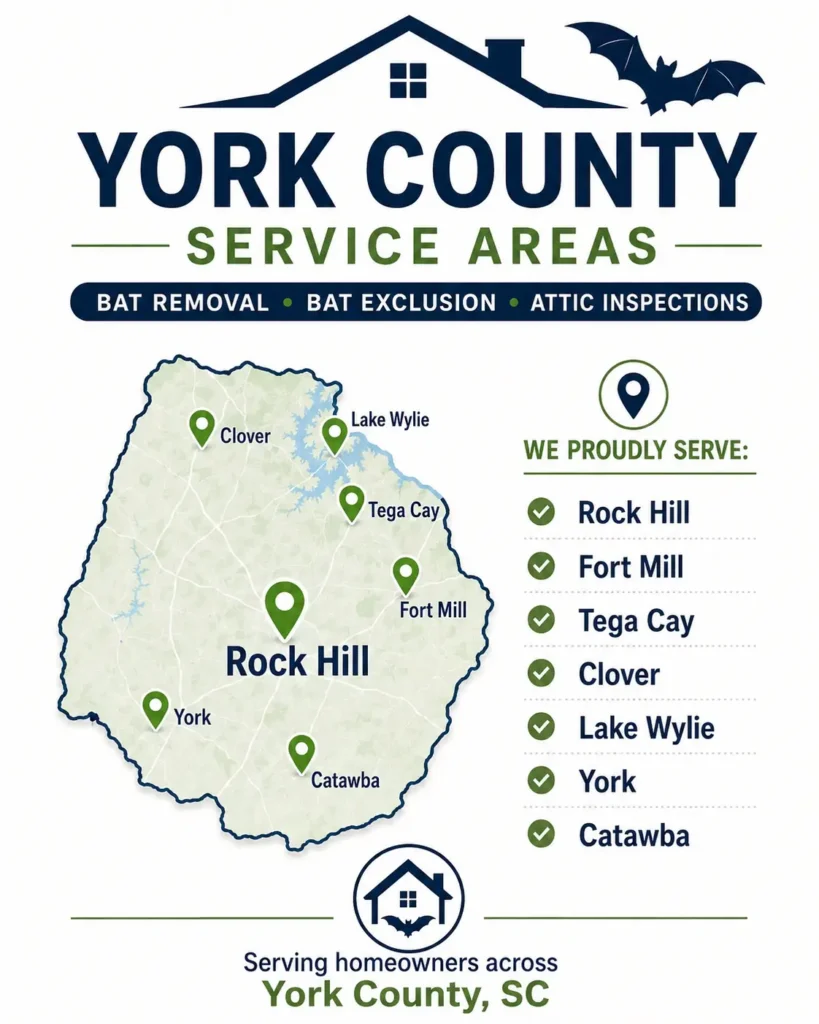 PCA Wildlife bat removal service areas in York County SC including Rock Hill, Fort Mill, Tega Cay, Clover, Lake Wylie, York, and Catawba.
