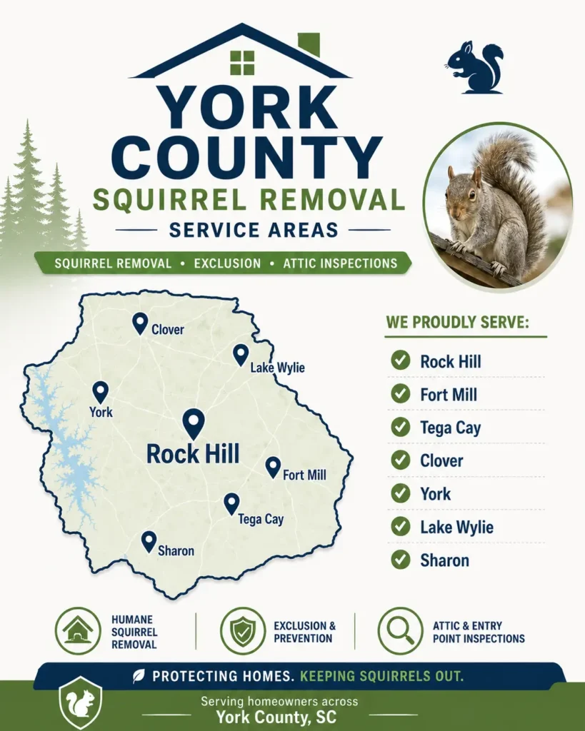York County SC squirrel removal service area map for PCA Wildlife, featuring Rock Hill, Fort Mill, Tega Cay, Clover, York, Lake Wylie, and Sharon.