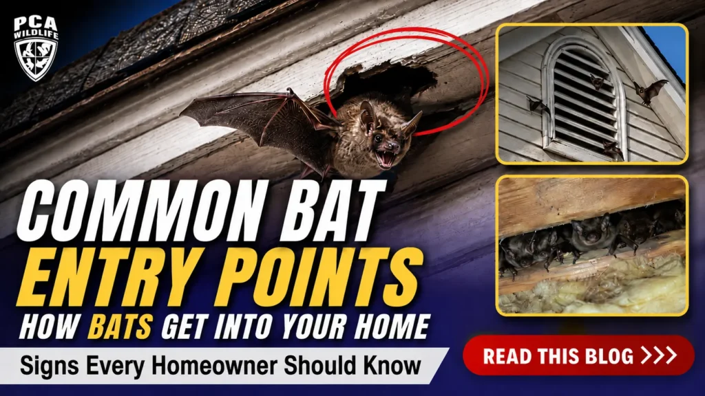 PCA Wildlife graphic showing common bat entry points around rooflines, gable vents, and attic spaces.