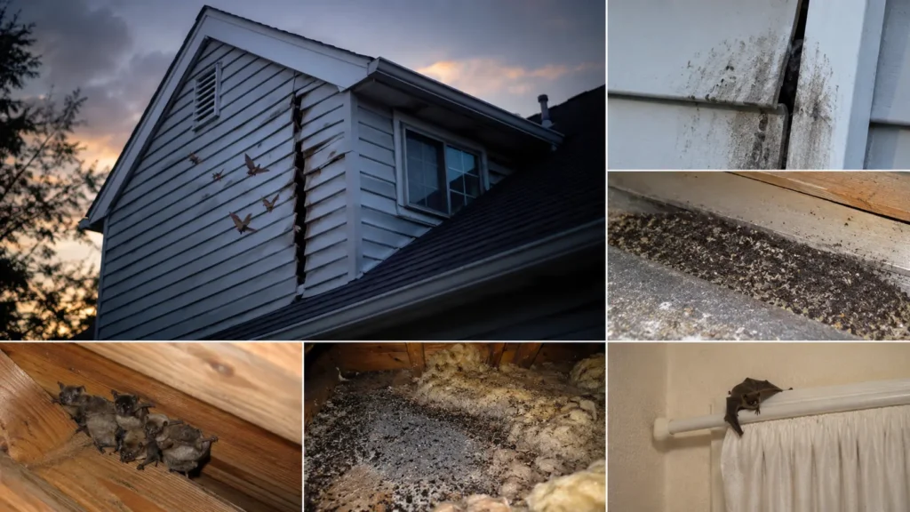 Signs of bat activity around a home, including bats near siding, droppings, attic insulation, and a bat inside living space.