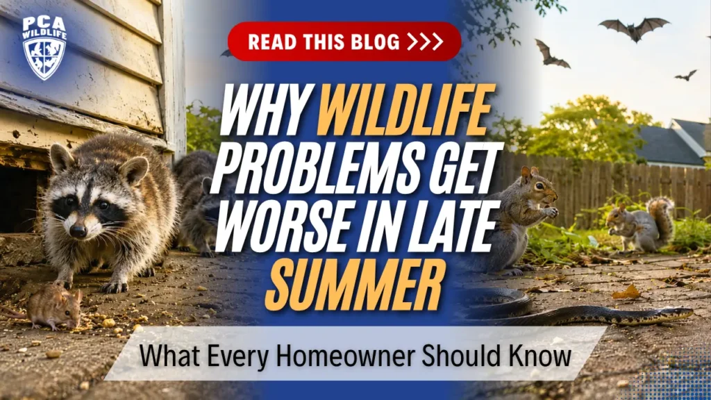 Late summer wildlife problems with raccoon, squirrels, bats, snake, and mouse around a Charlotte NC home.