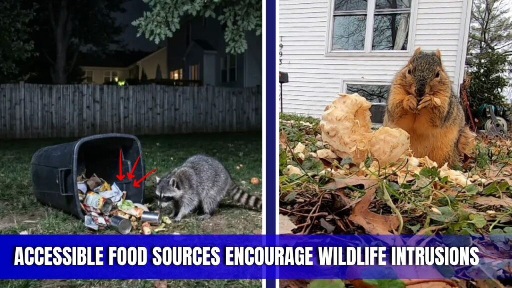 Raccoon and squirrel attracted to accessible food sources around a Charlotte NC home.