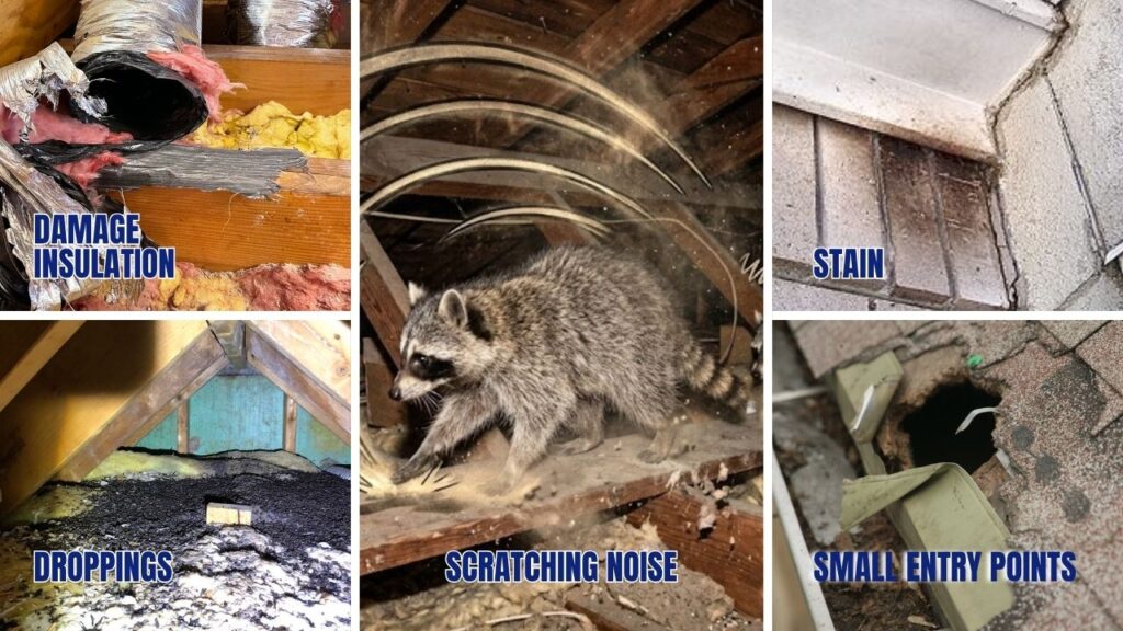 Raccoon attic damage in Charlotte NC with damaged insulation, droppings, stains, scratching noises, and small entry points.