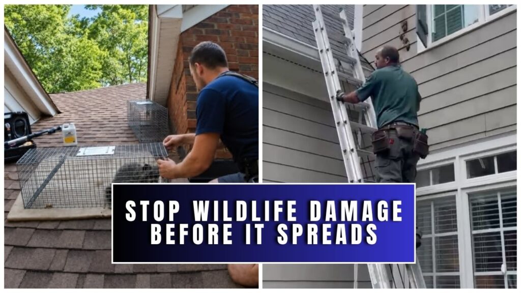 Wildlife technician setting a humane trap for a raccoon near a roof vent, and a technician climbing a ladder to inspect home siding and gutters.