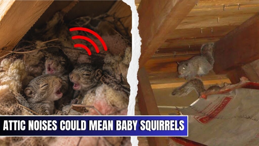 Baby squirrels chirping and squeaking in attic nest while adult squirrel enters roofline gap during squirrel nesting season.
