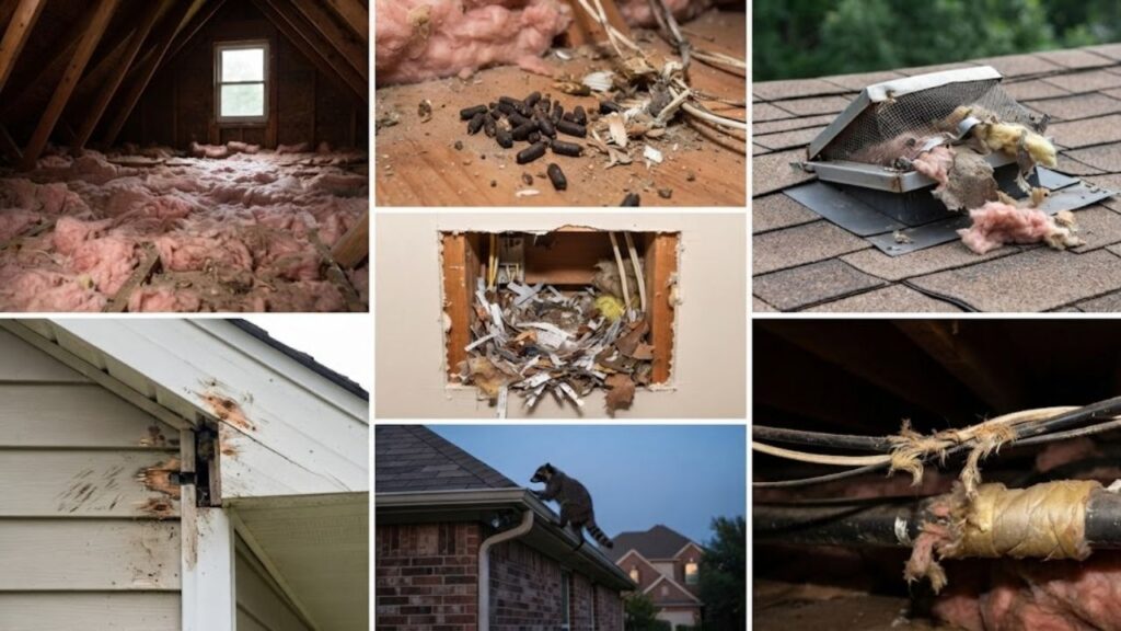 This one maps to your "Signs of Current or Previous Wildlife Activity" section — same pattern as the last image, so I'll keep the approach consistent. "Photo grid of wildlife damage signs: attic insulation disturbance, droppings and chewed debris, damaged roof vent, nesting material inside wall, raccoon climbing roofline at dusk, siding stains near entry point, and chewed wiring in attic