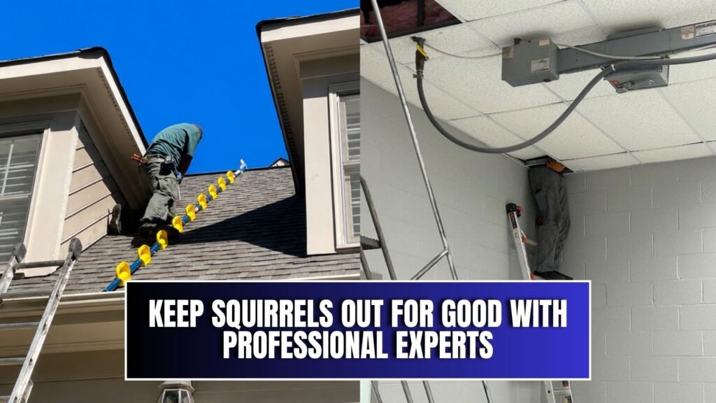 Wildlife technician installing squirrel exclusion barrier on roofline in Charlotte NC.