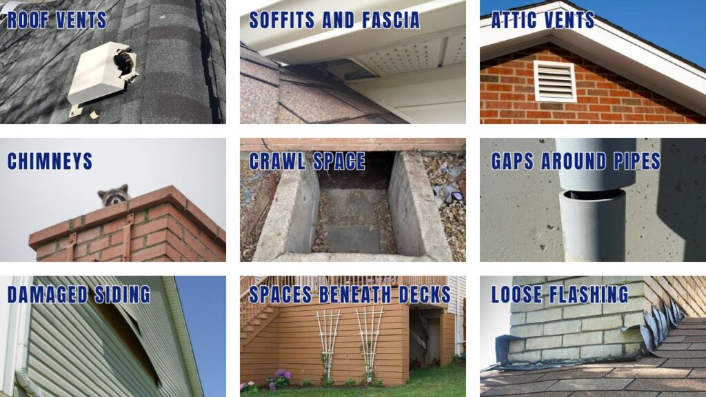 Photo grid of common wildlife entry points on homes: damaged roof vent, gaps in soffits and fascia, attic vents, raccoon in chimney, open crawl space, gaps around utility pipes, torn siding, deck gaps, and loose roof flashing.