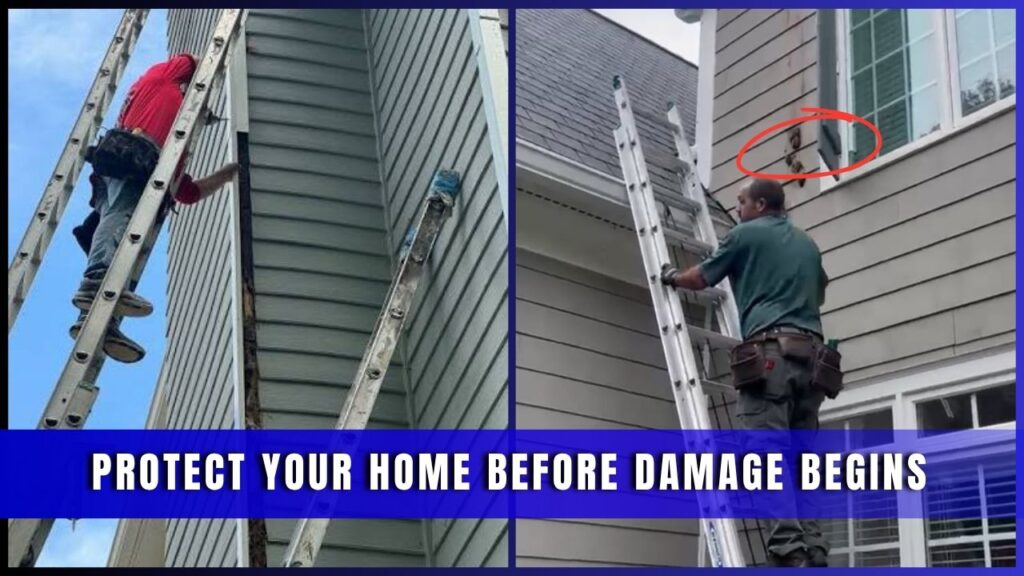 Two technicians on ladders inspecting a home's siding and roofline, captioned 'Protect Your Home Before Damage Begins.