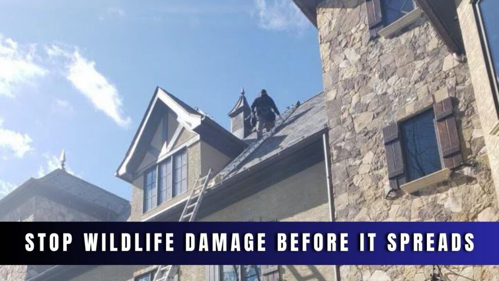 Wildlife technician on the roof of a large stone-and-stucco home inspecting the roofline and dormers for entry points, ladder positioned against the exterior.
