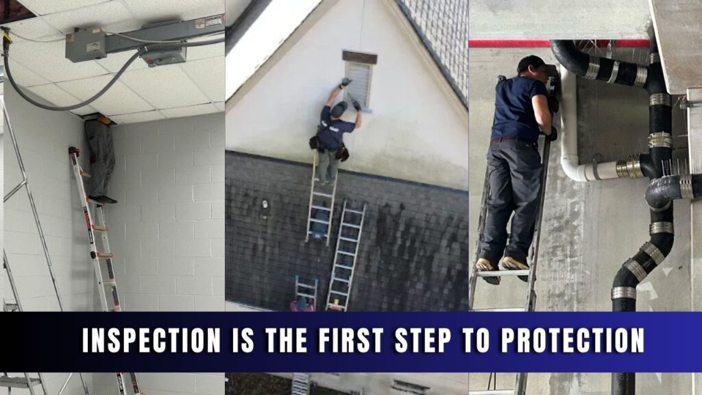 Wildlife technicians inspecting a ceiling access point, exterior gable wall, and overhead mechanical ductwork for animal entry points.