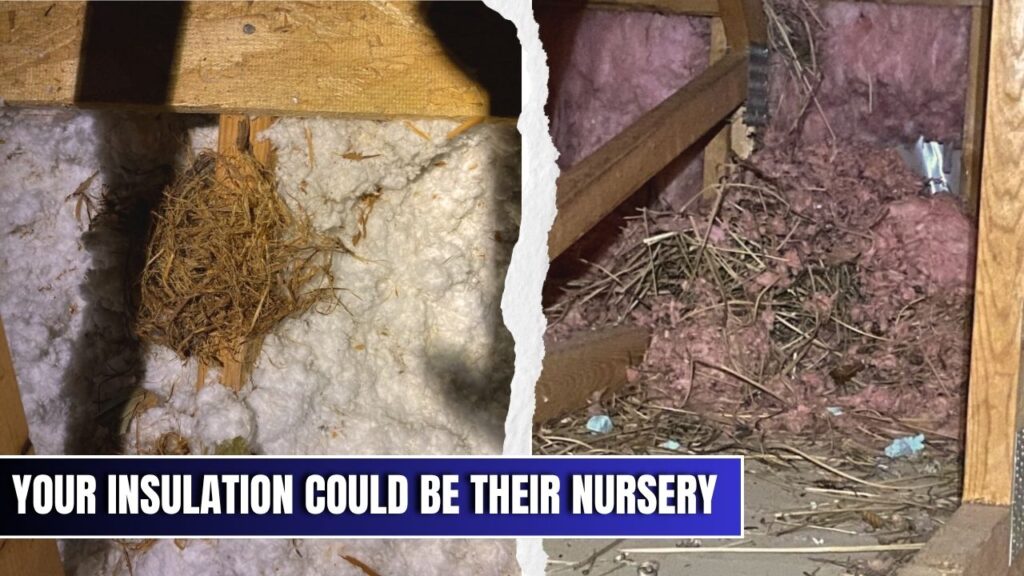 Squirrel nest built from shredded attic insulation and leaves - damaged insulation.