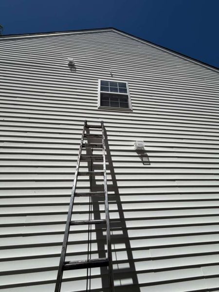 A tall extension ladder leaning against a house with white siding, positioned to reach a high exterior wall vent for bird nest removal from vents Charlotte NC.